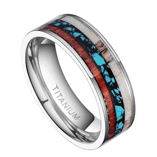 Geweih Holz Opal Silber Herrenring Hochzeit Jahrestag Verlobungsring 8mm Titan in allen Größen