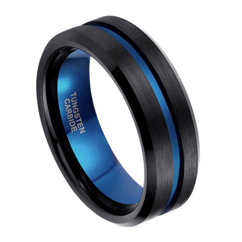 schwarzer Herrenring mit blauem Band Hochzeit Verlobung oder Jahrestag 8mm Wolfram in allen Größen