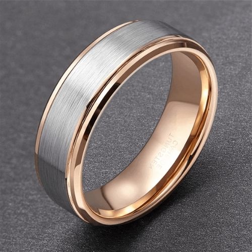Herrenring aus gebürstetem Silber und Roségold, bequeme Passform, Wolfram, 8 mm