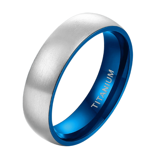 Ring aus gebürstetem Silber und Titan mit blauen Kanten und Innenseite - Ring für Männer im modernen Design