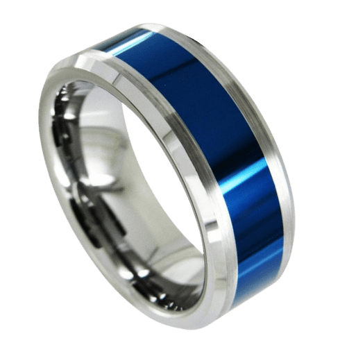 blauer Herrenring für Hochzeit, Verlobung, Jahrestag, Silber Wolfram 8mm in allen Größen poliert