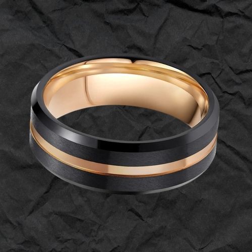 Schwarzer Wolframkarbidring mit Rillen und goldenem Rand für Männer im traditionellen, modernen Stil
