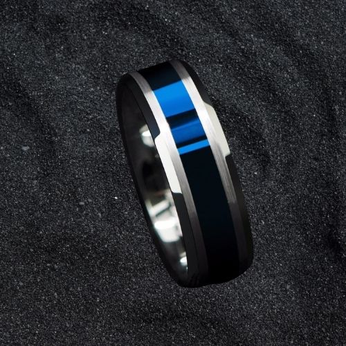 Hochglanzpolierter blauer und silberner Ring für Männer, modernes Design, bequeme Passform