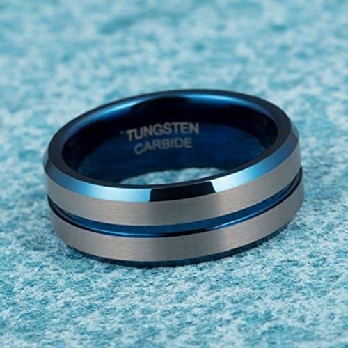 blau-silberner gebürsteter Wolframring für Männer, 8 mm, bequeme Passform