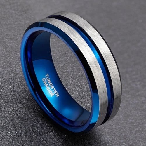 silberner Herrenring mit blauem Band im modernen Design 8mm