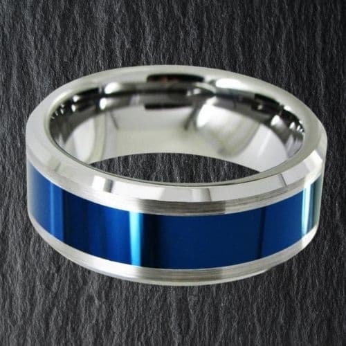 blauer Ring für Männer auf Silber Wolfram poliert 8mm