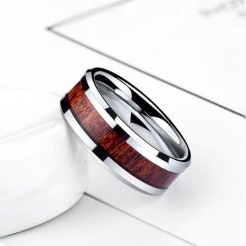Silberner Wolframring für Männer mit Inlay aus Naturholz 8mm modernes Design
