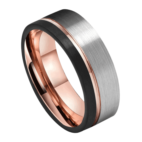 Herrenring aus Wolfram mit gebürstetem Silber, poliertem Roségold und mattem Schwarz für Hochzeitstag oder Verlobung
