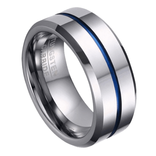 Silberner Herrenring zum Hochzeitstag und zur Verlobung mit blauer Mittelrille, 8 mm, poliert, in allen Größen