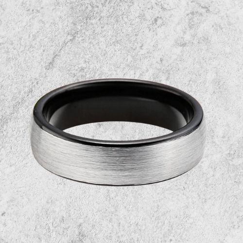 silberner Wolframring für Herren mit schwarzer Innenseite, 6 mm, gebürstetes modernes Design