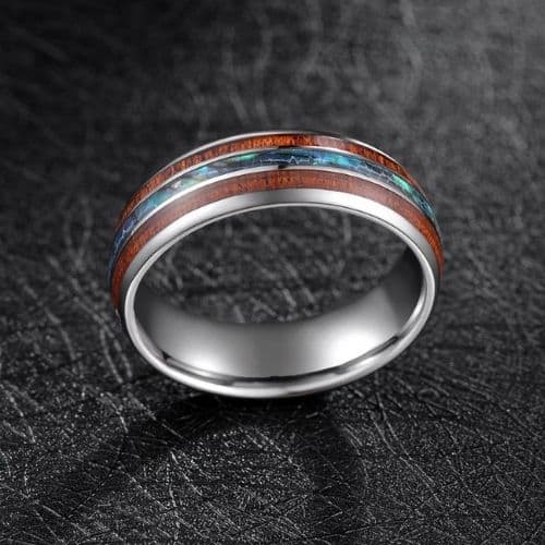 Silberner Wolframring für Herren mit Naturholz und Abalone-Muschel
