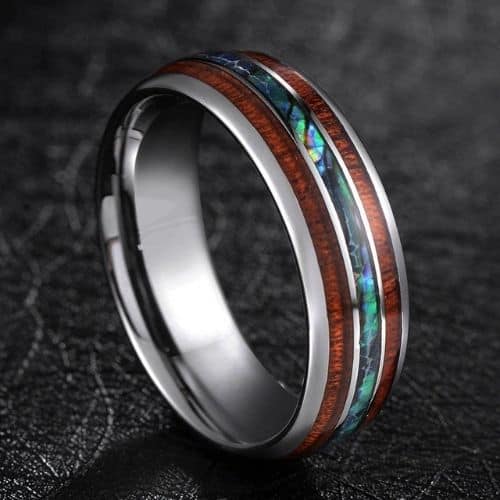 Silberner Wolframring mit Abalone-Muschel und Naturholzeinlagen im modernen Design