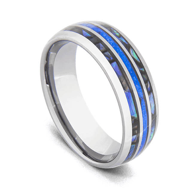 Wolframring für Herren - Silber mit blauem Feueropal und Abalone-Muschel
