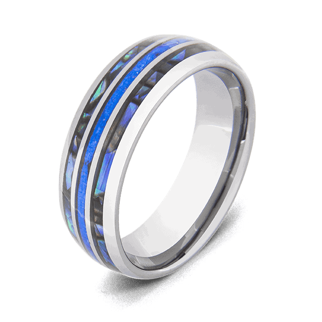 Wolframring für Herren mit Einlagen aus blauem Feueropal und Abalone-Muschel