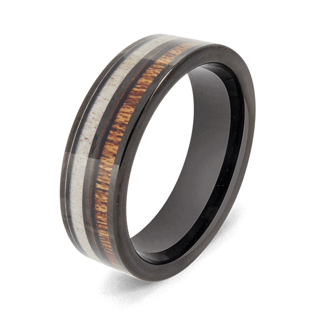 Schwarzer Herrenring mit Naturholz und Geweihknochen