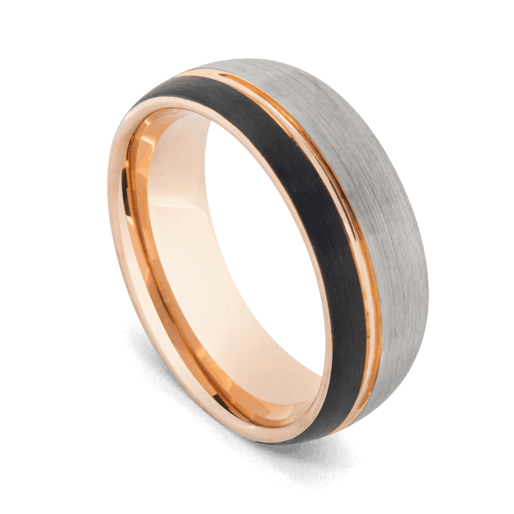 Erudite Ring - Herrenring aus Wolfram mit gebürstetem Silber, poliertem Roségold und mattem Schwarz