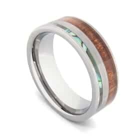 Wolframring für Männer mit Naturholz, Abalone-Muschel und gebürstetem Silber