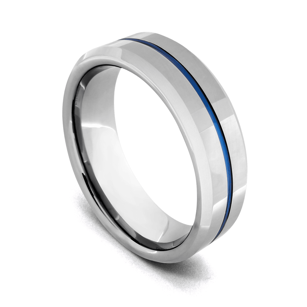 Silberner Herrenring zur Verlobung für den Hochzeitstag mit blauem Wolframkarbidband