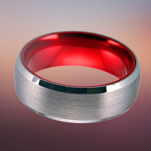 Wolframring für Männer - Silber und Rot, modernes Design, bequeme Passform