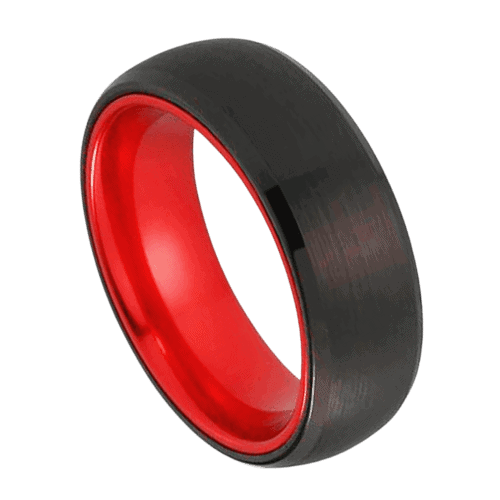 Schwarzer Ring für Männer zur Hochzeit, Verlobung oder zum Jahrestag. Innen rot, 8 mm Wolfram, in allen Größen
