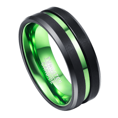 schwarzer Herrenring mit grünem Band für Hochzeit, Verlobung, Jahrestag, Ring 8mm Wolfram