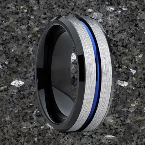 Silberner Herrenring mit blauem Band, gebürstet und poliert, modernes Design
