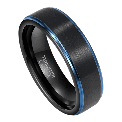 Schwarzer Herrenring mit blauem Band am Rand, Hochzeitstag, Verlobung, 6 mm, 8 mm, in allen Größen