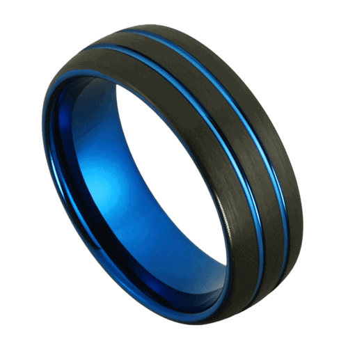 Schwarzer Herrenring mit blauen Bändern für Hochzeit, Verlobung oder Jahrestag, 8 mm Wolfram in allen Größen