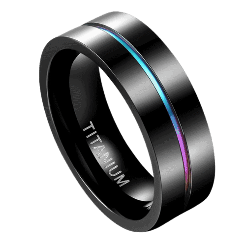 Titanring für Herren - Schwarz mit Regenbogenrille