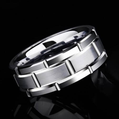 Herren Silber Wolfram Ring mit Blockmuster poliert gebürstet 8mm