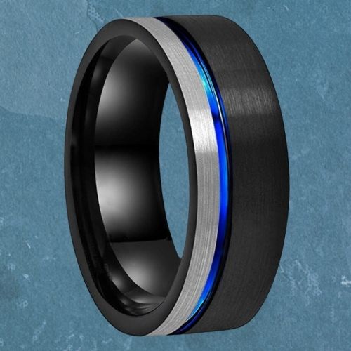 schwarzer Wolframring für Herren mit silbernen und blauen Bändern auf einer Seite, 8 mm, in allen Größen