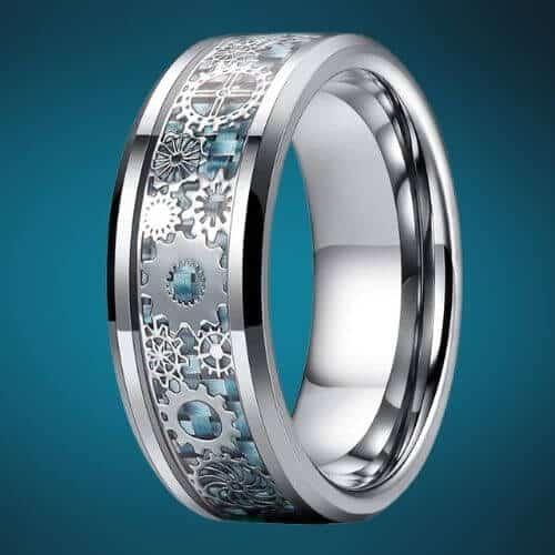 silberner Wolframring für Männer mit blauem Zahnraddesign 8mm in allen Größen