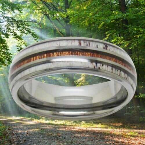 Herren Holzring mit Geweih 8mm Silber Wolfram