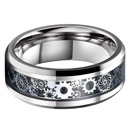 Herrenring aus Wolfram und Kohlefaser 6mm oder 8mm mit Uhrzahnrädern silber schwarz