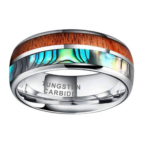 Wolfram-, Abalone-Muschel- und Holzring für Männer, modernes Design, 8 mm