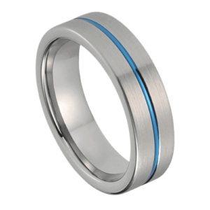 Herren Silberring Hochzeitstag Verlobungsring 6mm gebürstetes Wolfram blau Mittelrille alle Größen