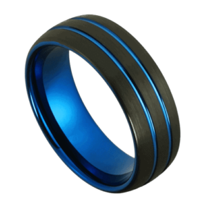 Schwarzer Herrenring mit doppeltem blauem Band, 8 mm Wolfram, Hochzeitstag und Verlobungsring für Männer