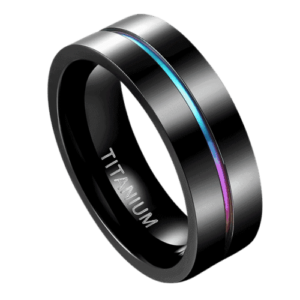 Schwarzer Herrenring aus Titan mit Gay Pride-Farben in 7 mm. Perfekt für Hochzeiten, Jubiläen oder Verlobungen.