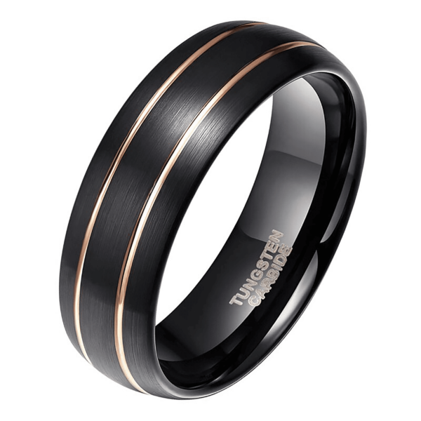 schwarzer Ring mit zwei dünnen Goldbändern Devotion 8mm Wolfram für Männer