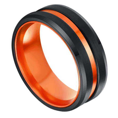 schwarzer Herrenring mit orangefarbenem Mittelband, 8 mm Wolfram, Hochzeitstag, Verlobungsring in allen Größen