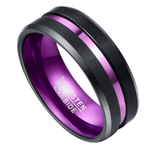 schwarzer Herrenring mit violettem Band, 8 mm Wolfram, Hochzeitstag, Verlobungsring in allen Größen