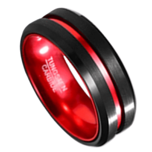 schwarzer Herrenring aus Wolfram mit rotem Mittelband, 6 mm, 8 mm, Hochzeitstag, Verlobungsring in allen Größen