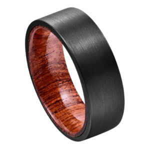 Schwarzer Herrenring mit Holz innen, Wolfram 8 mm Band für Hochzeit, Jahrestag, Verlobung oder Versprechensring in allen Größen
