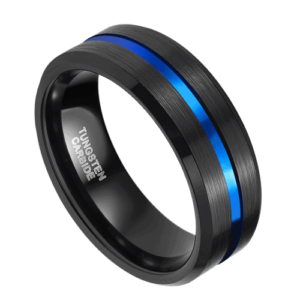 Schwarzer Herrenring mit blauem Herz aus Wolfram, Hochzeitstag, Verlobungsring 8 mm, in allen Größen
