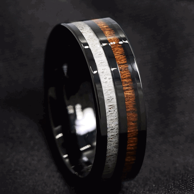 Buck Black Ring mit Geweih und Holzeinlage aus Wolfram in allen Größen