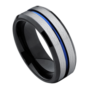 silberner Herrenring mit blauem Band, 8 mm Wolframband für Hochzeiten, Jubiläen oder Verlobungen in allen Größen