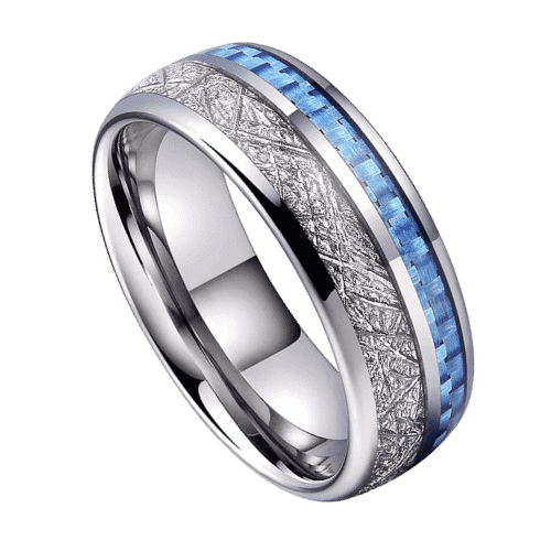 Trailblazer – Men’s Tungsten Ring with Faux Meteorite and Blue Carbon Fibre