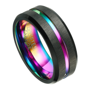 Gay-Pride-Herrenring in Schwarz mit Gay-Pride-Farben. 6 mm oder 8 mm Wolfram-Hochzeits- oder Verlobungsring in allen Größen