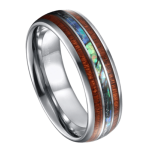 Silberner Herrenring mit Holz und Muschel. 8 mm Wolframring, perfekt für Hochzeitstag oder Verlobung. In allen Größen