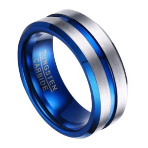 Blauer Herrenring mit gebürsteten Silberseiten, 8 mm Wolframband für Hochzeitstag und Verlobung in allen Größen